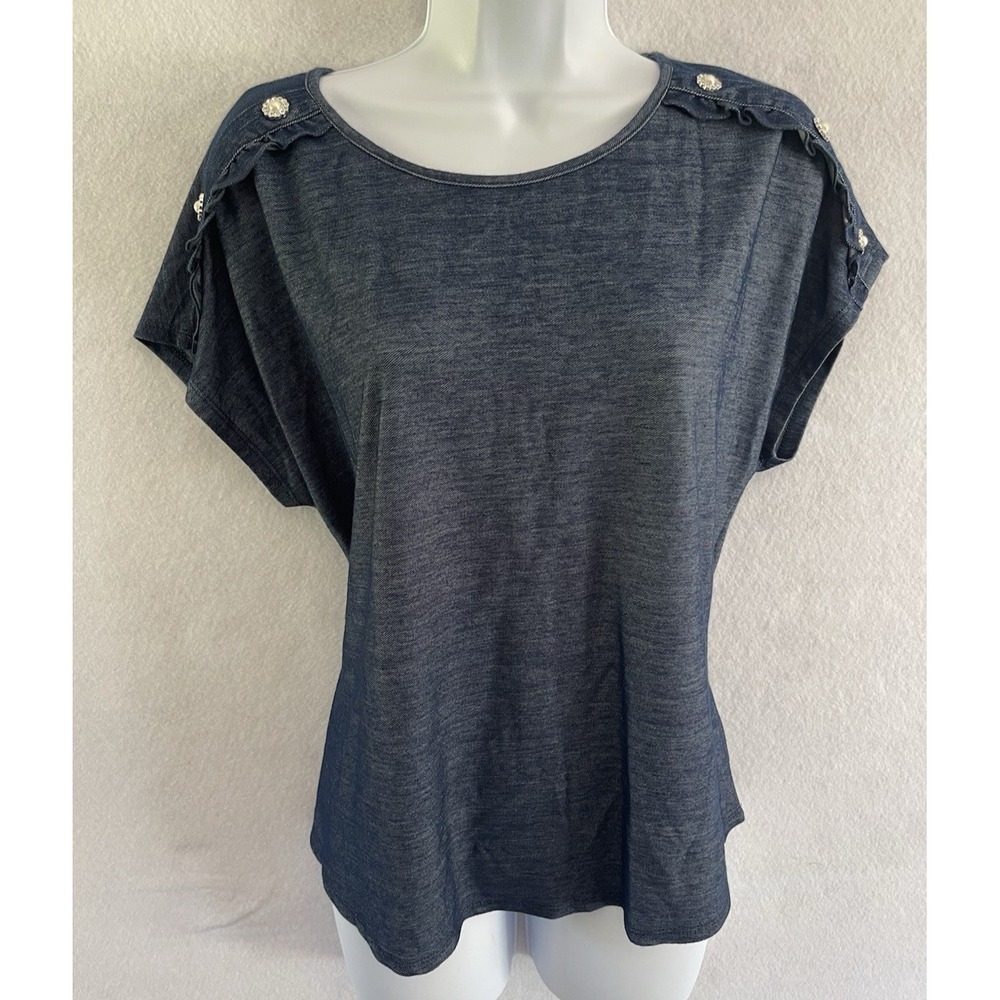 Love Scarlett Chambray Denim Blouse L Feminine Romantic Casual Subtle Coquette